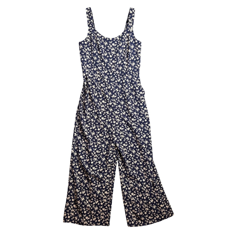 Socialite Floral Sleeveless Crop Jumpsuit S Navy Blue‎ Square Neck Wide Leg NEW